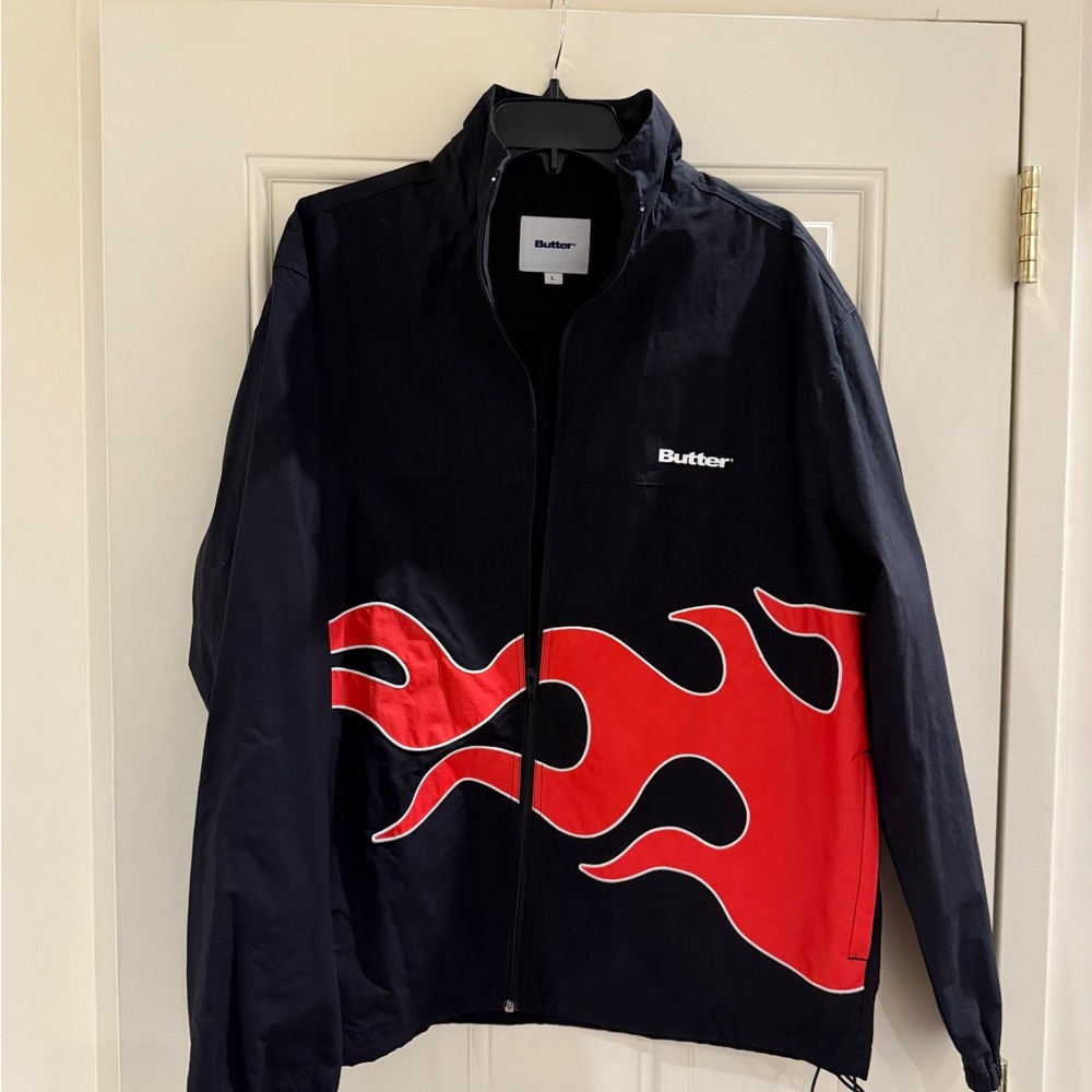 Butter Men's Black Jacket with Red Flame Design
